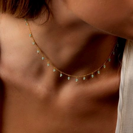 Amazonite beaded choker necklace for women, Brass with 22k gold plated chain necklace, Handmade jewelry